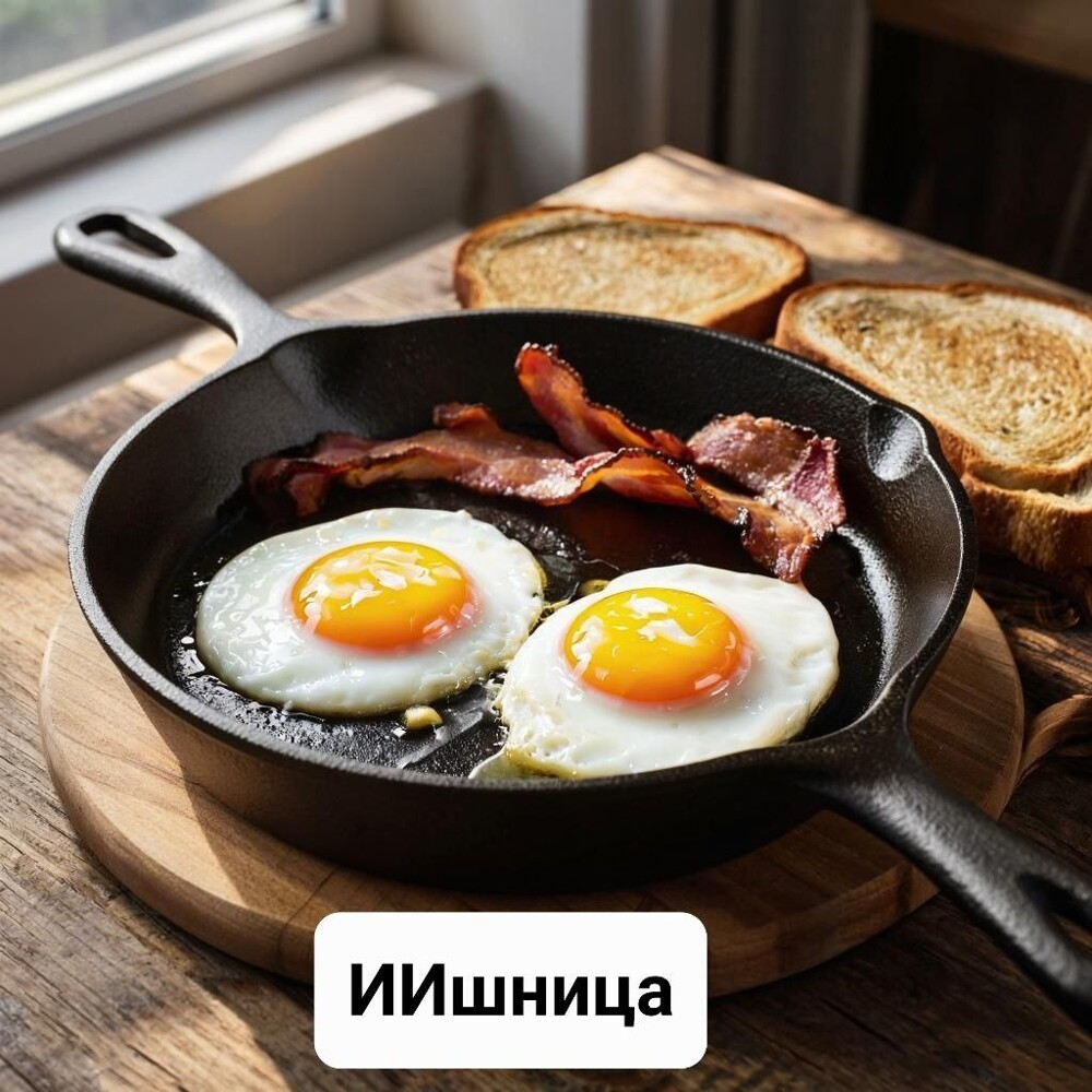 1. Начнём с ИИшницы-глазуньи. Вполне, кстати, аппетитная, а сковородка с двумя ручками очень удобна