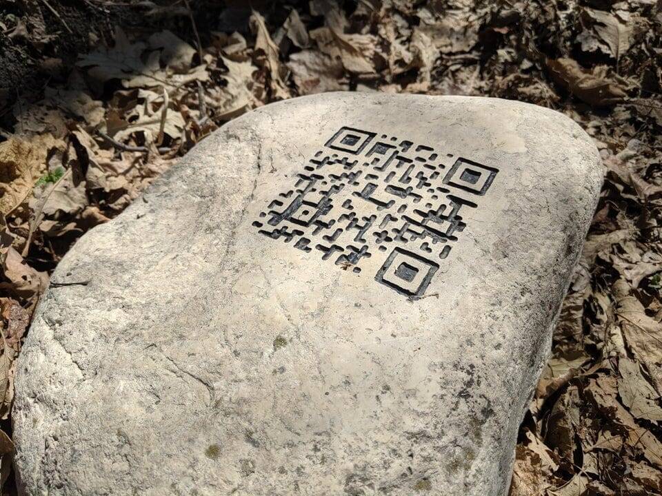 На камне вдоль лесной тропы высечен QR-код