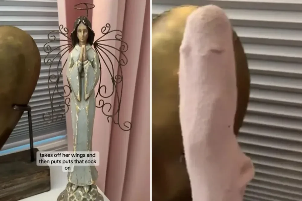 Дочка надевает носок на фигурку ангела, чем доводит маму до истерики Дочка надевает носок на фигурку ангела, чем доводит маму до истерики