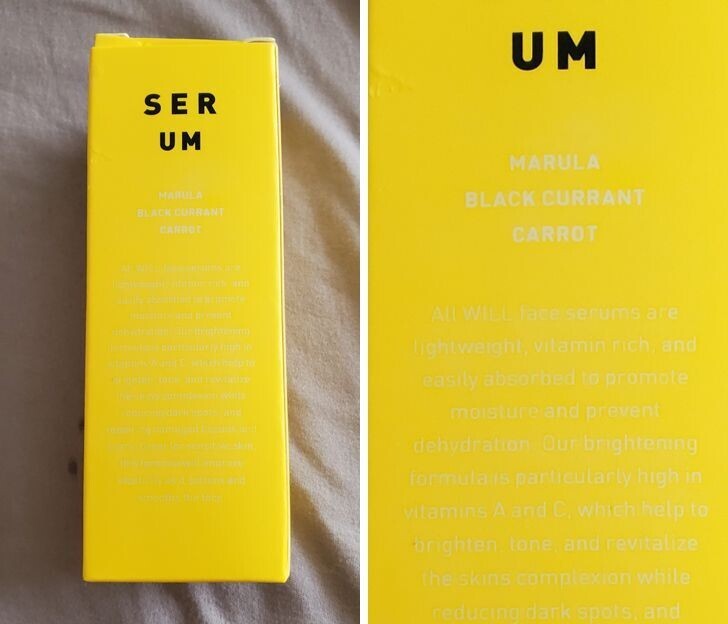 Как вообще можно додуматься печатать текст цветом, который сливается с оттенком упаковки? Как вообще можно додуматься печатать текст цветом, который сливается с оттенком упаковки?