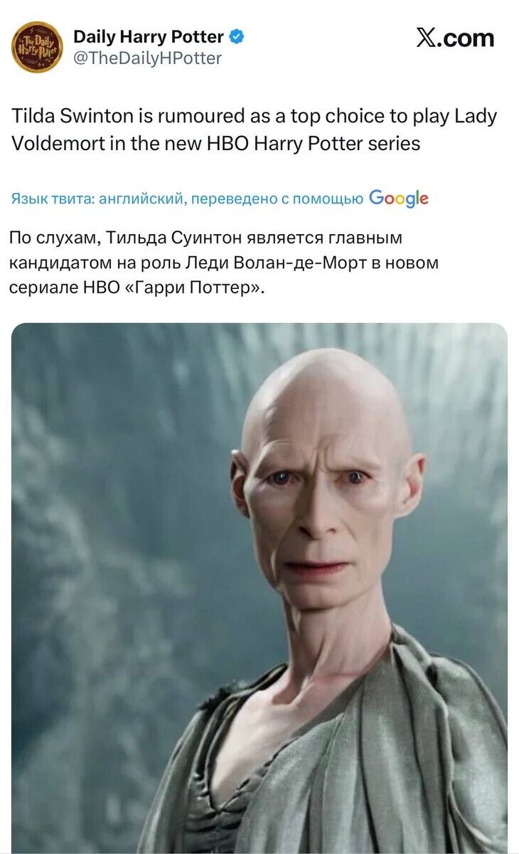 2. Якобы Тильда Суинтон имеет все шансы получить роль Того, Кого Нельзя Называть 2. Якобы Тильда Суинтон имеет все шансы получить роль Того, Кого Нельзя Называть