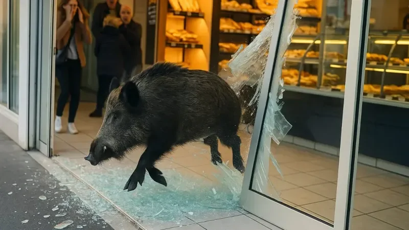 Кабан разбил витрину магазина во время побега от собак Кабан разбил витрину магазина во время побега от собак