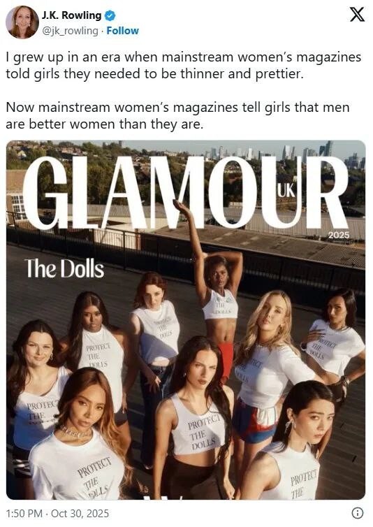 "Я выросла в другую эпоху": Джоан Роулинг раскритиковала журнал "Гламур", включивший трансгендеров* в список «Женщины года — 2025»