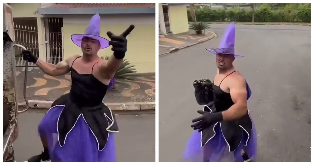 Бразильский мусорщик на Хэллоуин вышел на улицу в костюме ведьмы