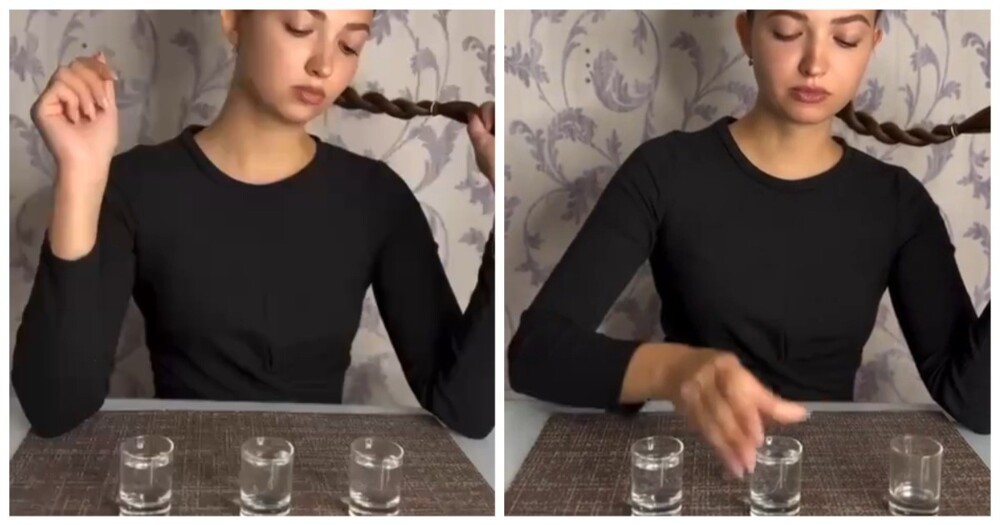 Девушка пытается выпить три рюмки и не сморщиться