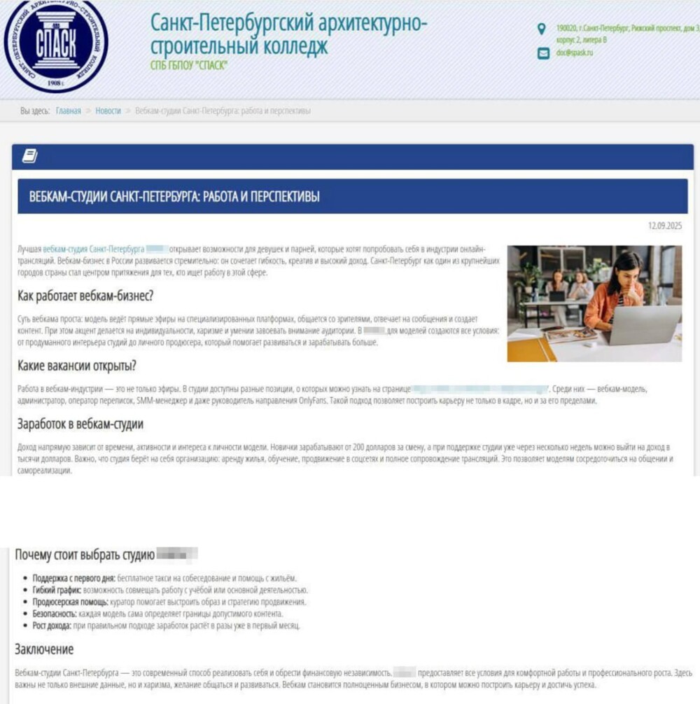 Петербургский колледж заподозрили в рекламе вебкам-студии