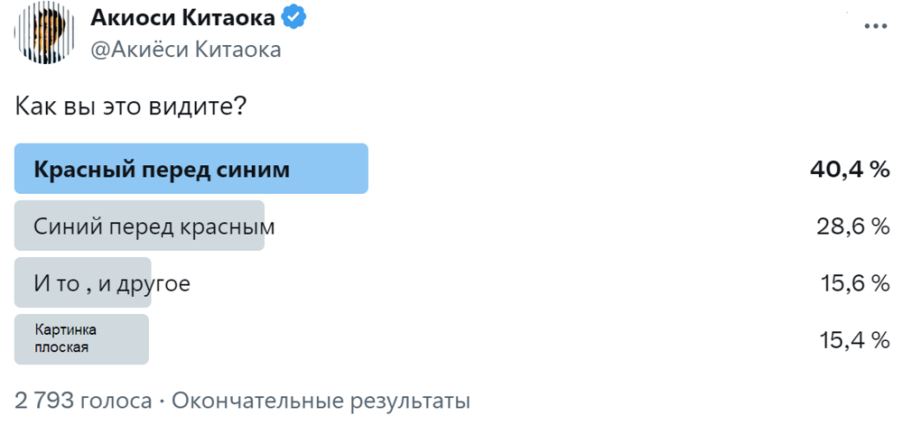 Интересная оптическая иллюзия: красный или синий цвет на переднем плане?