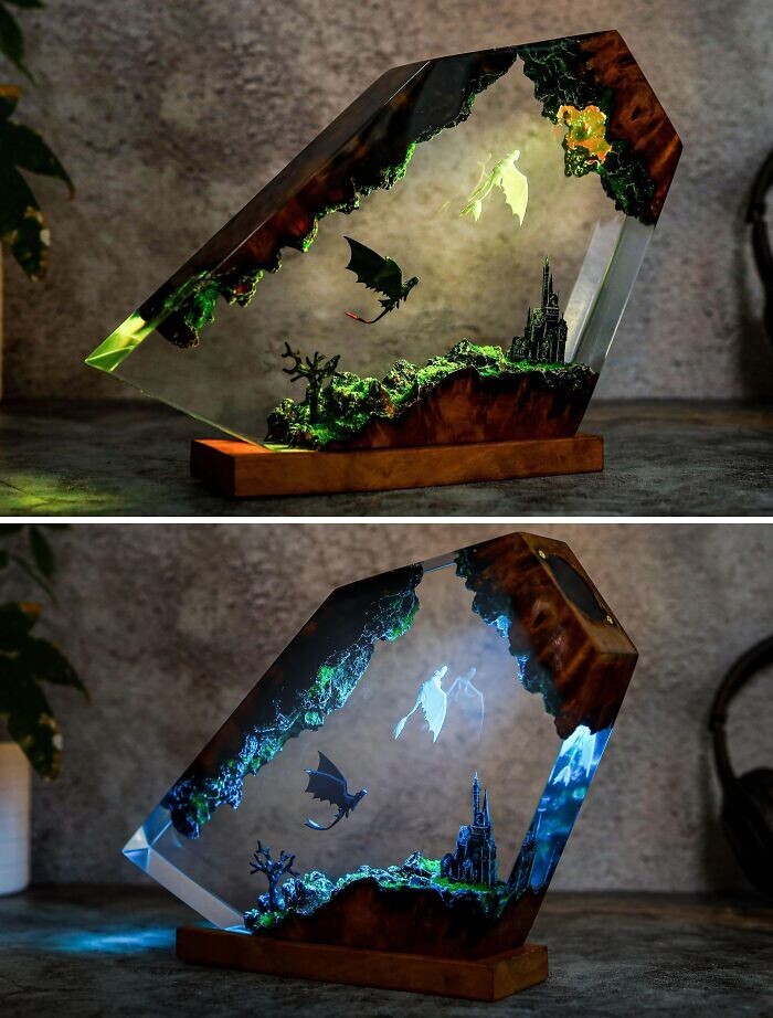 25. Лампа из эпоксидной смолы для подруги, она обожает «Как приручить дракона»