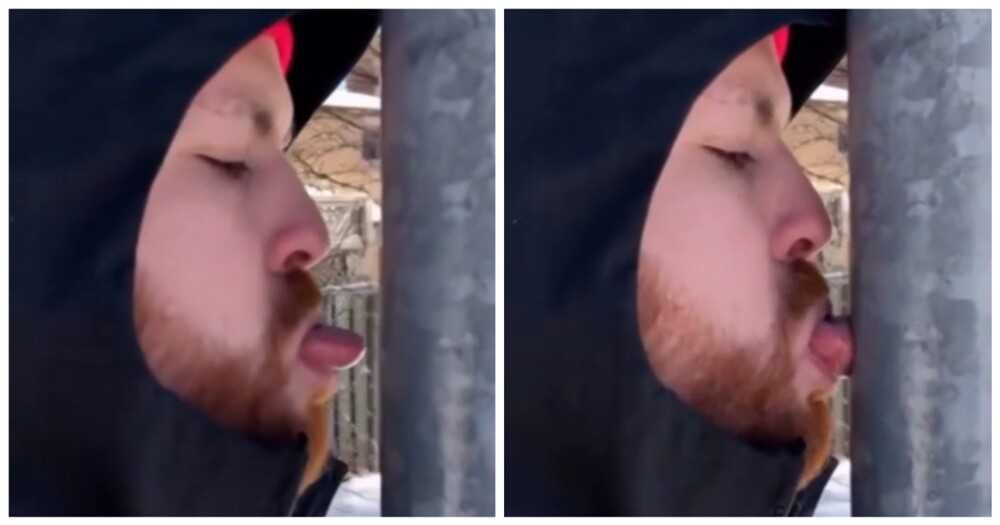 Парень лизнул металл на морозе