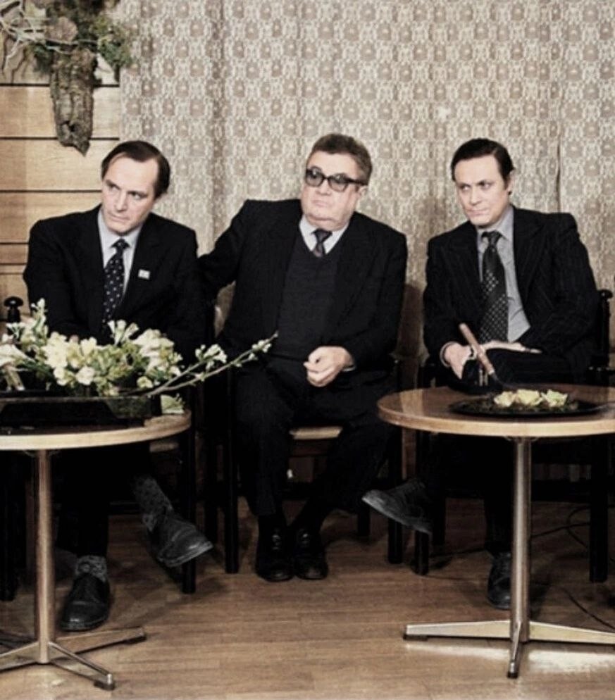 Василий Лановой, Евгений Весник и Юрий Соломин во время записи передачи «Театральные встречи», 1982 год