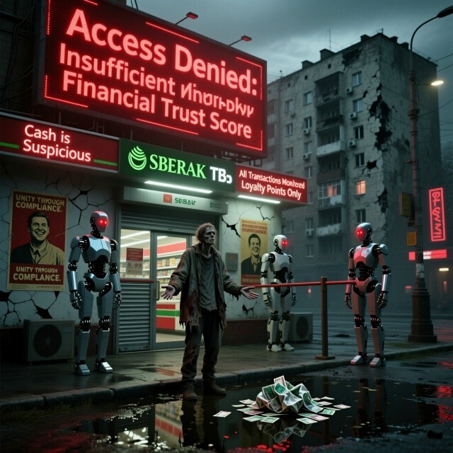 Немного антиутопии с просторов сети. Хотя... Как знать, может, это вполне реальное будущее... Навеяно случаями блокировок снятия налички в СБ, под вывеской "защиты от мошенников"