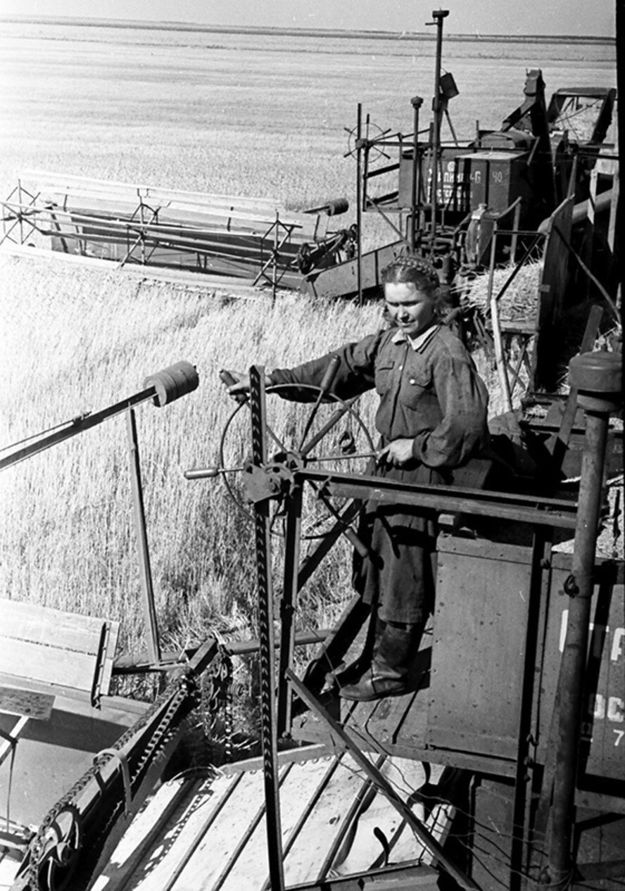 На уборке урожая. 22 августа 1956 года. Автор: Валентин Хухлаев. Омская область, Русско-Полянский район, совхоз «Цветочный».