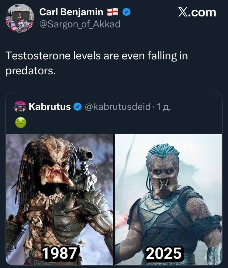 8. "Уровень тестостерона падает даже у хищников". Не удивлюсь, если новый хищник и с гендером пока не определился