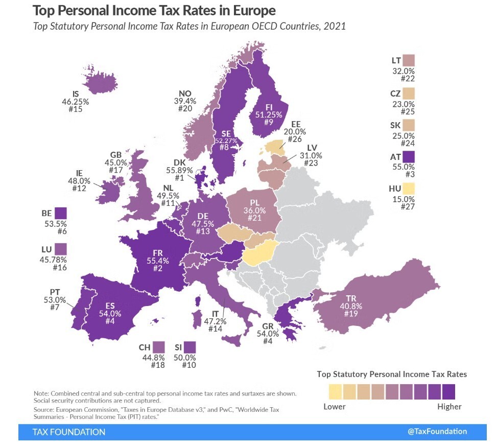 Где в Европе отбирают больше половины дохода: свежая карта налоговых ставок 2025 года