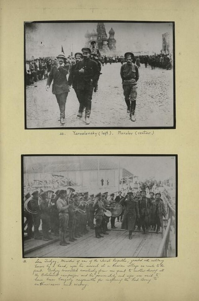 Ярославский (слева) и Муралов (по центру). Внизу-Оркестр встречает Льва Троцкого, наркома по военным делам.