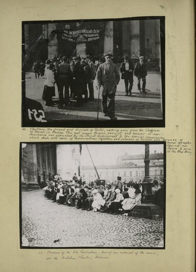 Владимир Григорьевич Чертков, близкий друг Л. Н. Толстого. Внизу-Участники V съезда Советов во время перерыва сессии в Большом театре, Москва.