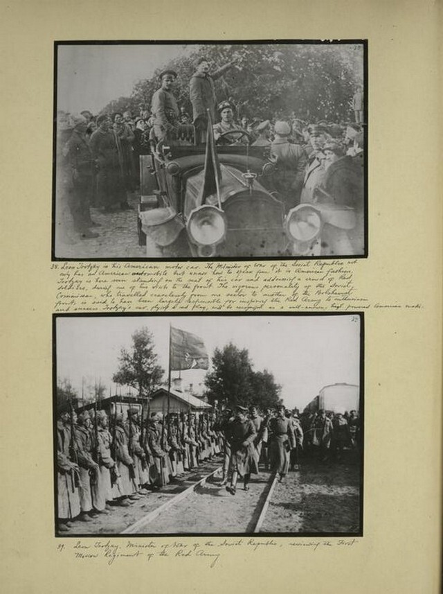 Троцкий в своём американском автомобиле. Внизу-Троцкий на смотре Первого Московского полка Красной Армии.