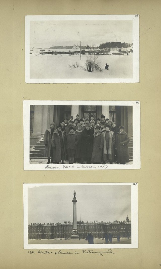 Члены организации ИМКА в Москве, 1917 год. Внизу-Зимний дворец в Петрограде.