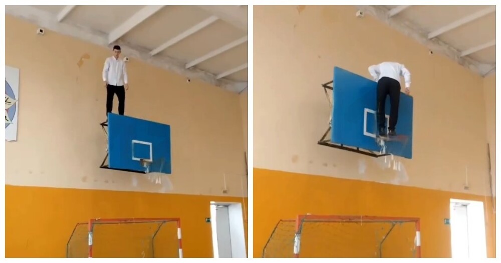 Школьник на уроке физкультуры залез на баскетбольный щит и устроил представление с сальто