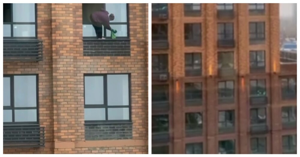 Женщина без страховки мыла окно на большой высоте