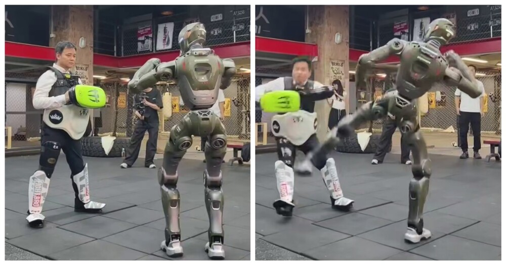 Китайский робот с легкостью сбивает мужчину с ног