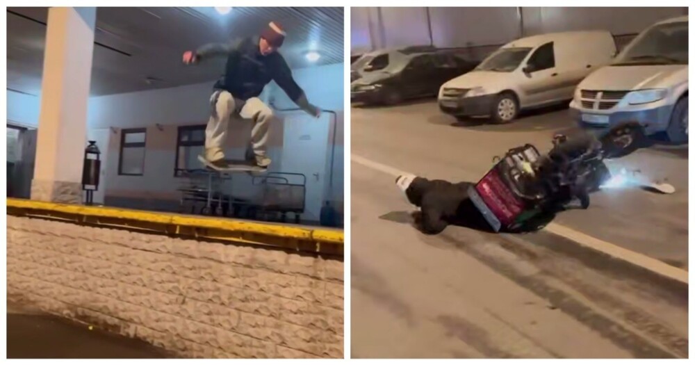 Неосторожный скейтер подставил курьера