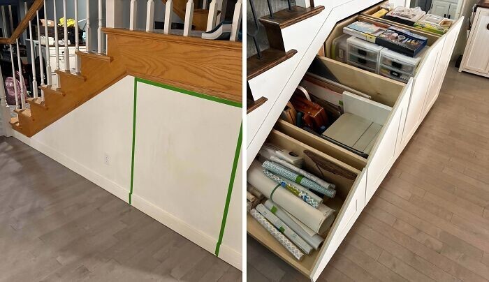 24. Я превратил пустующее место под лестницей в удобные выдвижные ящики 24. Я превратил пустующее место под лестницей в удобные выдвижные ящики