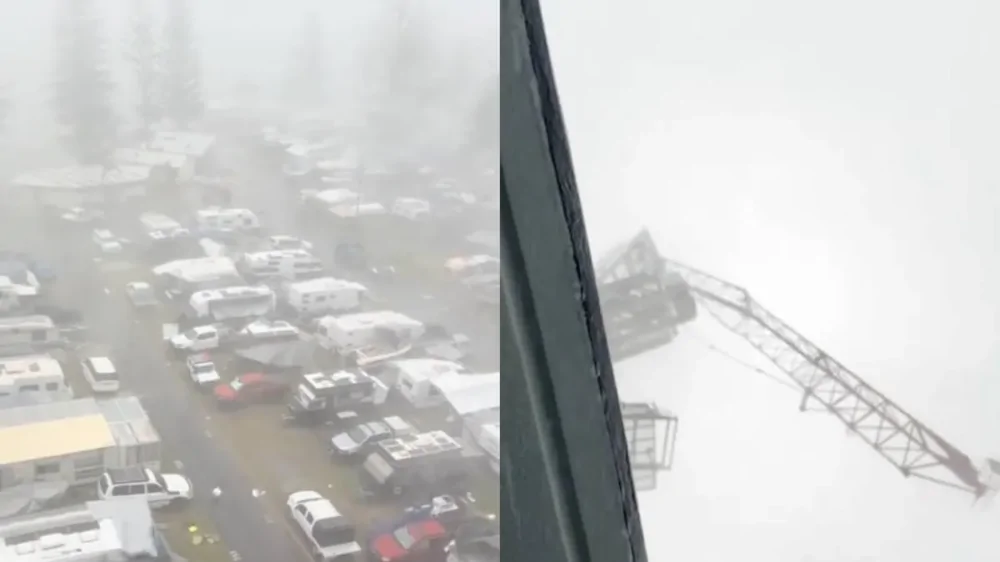 В Австралии кран сломался пополам и уже несколько дней  висит над туристическим парком