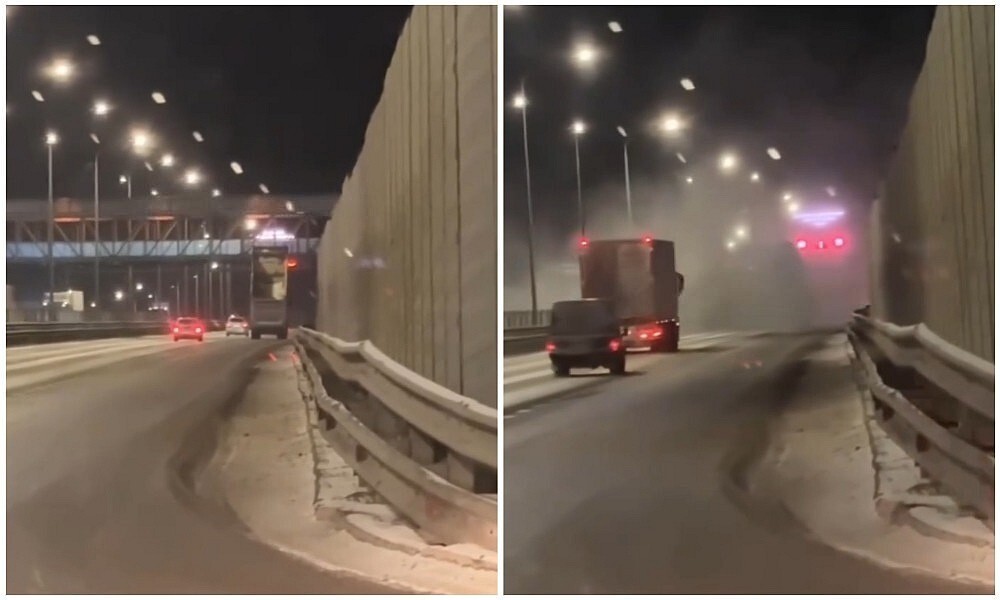 Самосвал с поднятым кузовом снёс надземный пешеходный переход на трассе М4