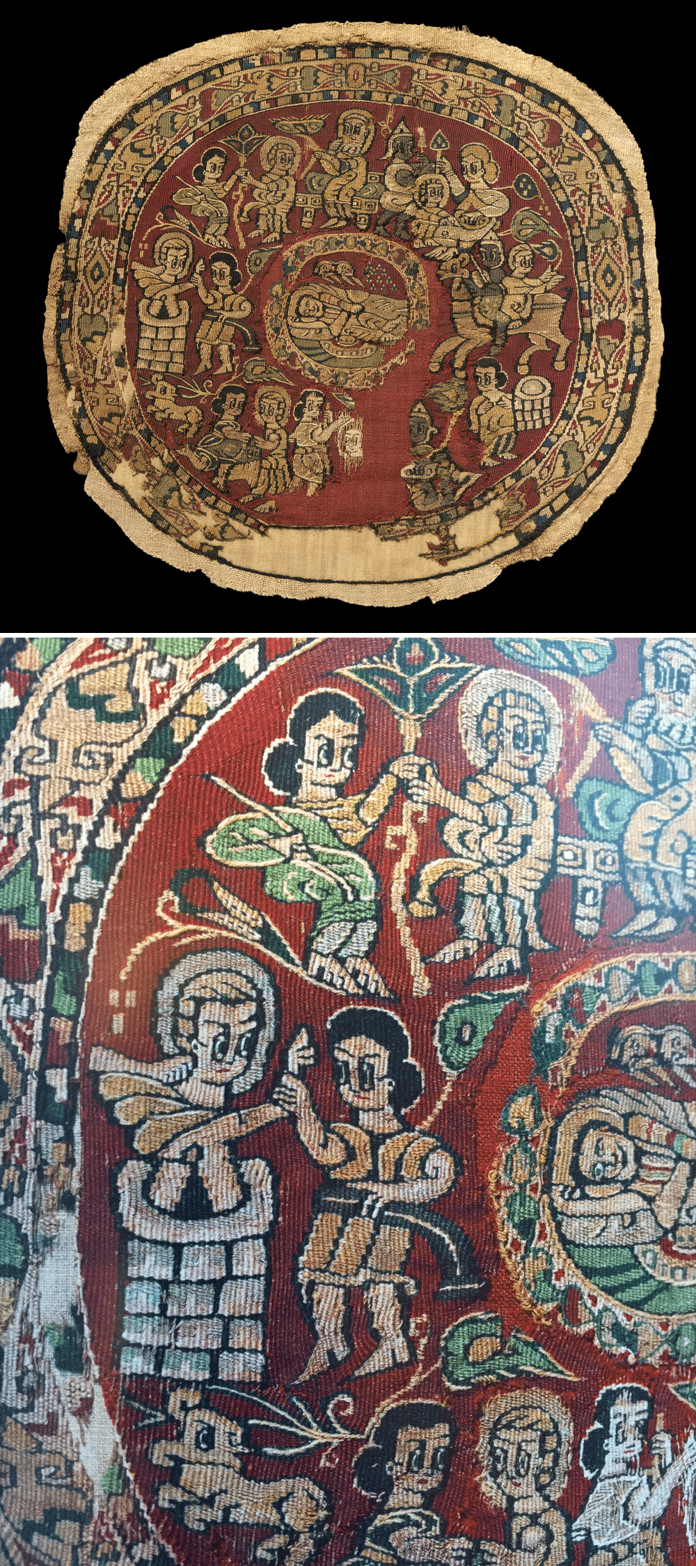 10. Льняной орбикул из Египта, украшенный историей об Иосифе. Слева изображено, как его бросают в колодец, и как брат уносит его разноцветную одежду. Справа измаильтяне увозят Иосифа  на верблюде, чтобы продать фараону. 650–699 гг. н. э.