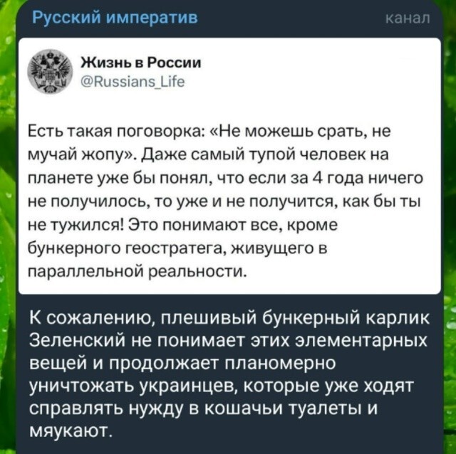 Это же буквально Теорема Тарана. Украиньчики много лет п&здят, что у нас нет унитазов, а в итоге гадят в КОШАЧЬИ ЛОТКИ