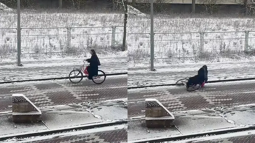Парень на работе наблюдал падения велосипедистов и не смог удержаться от смеха