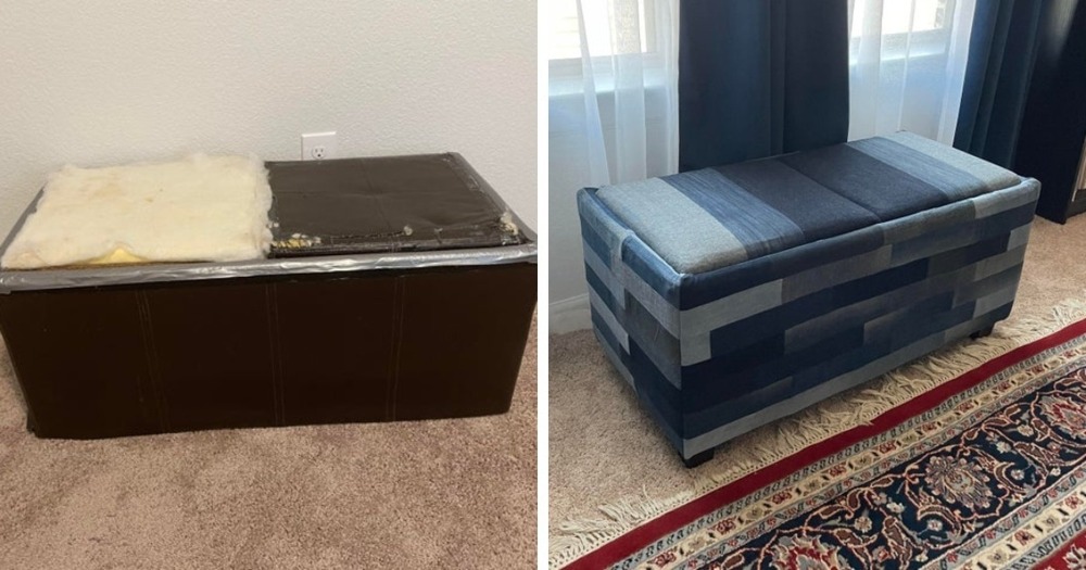 Из старых джинсов мы сделали обивку для потрёпанного пуфа