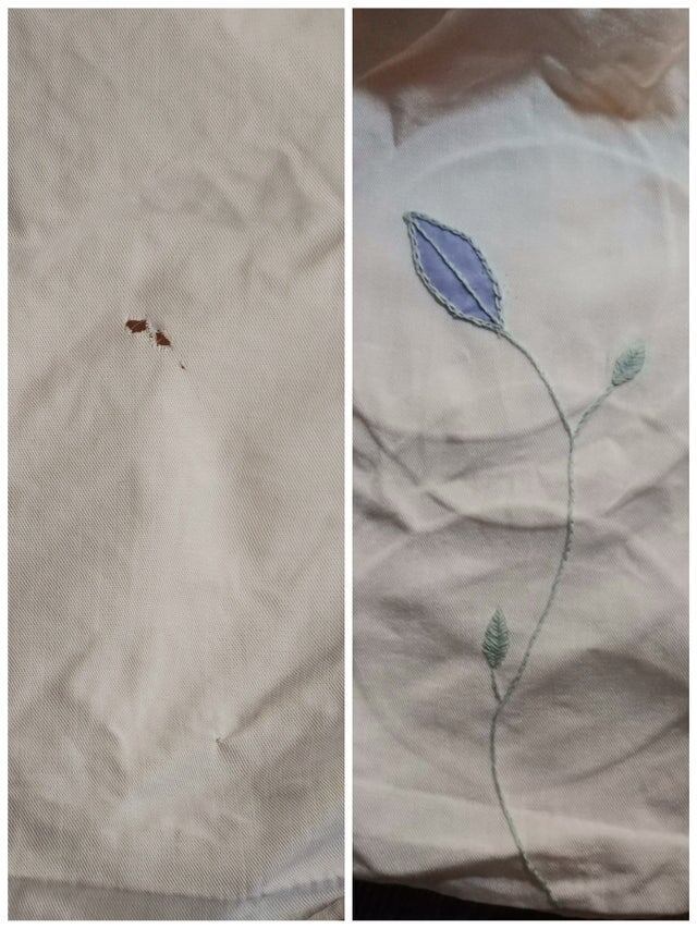 Скрыла дыру на рубашке мамы с помощью вышивки