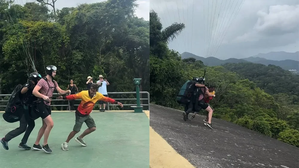 В Бразилии во время старта параплана инструктор потерял равновесие и покатился с холма