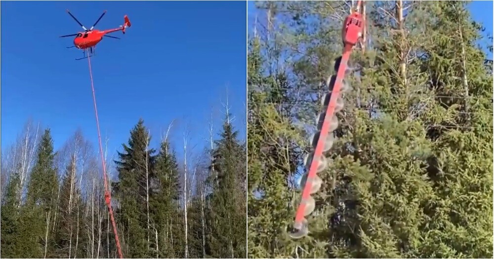 Механизированная обрезка деревьев возле ЛЭП с вертолёта
