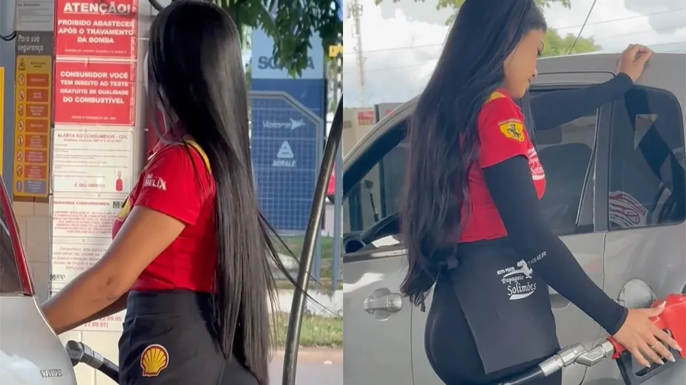На заправке: эффектная сотрудница привлекает внимание клиентов