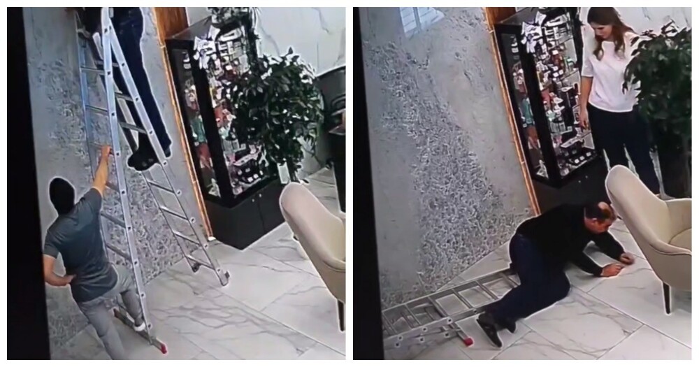 Болезненное падение мужчины с лестницы
