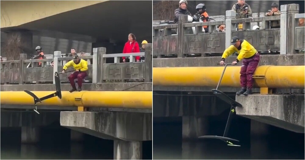Испытание гидрофойла под мостом закончилось падением в воду