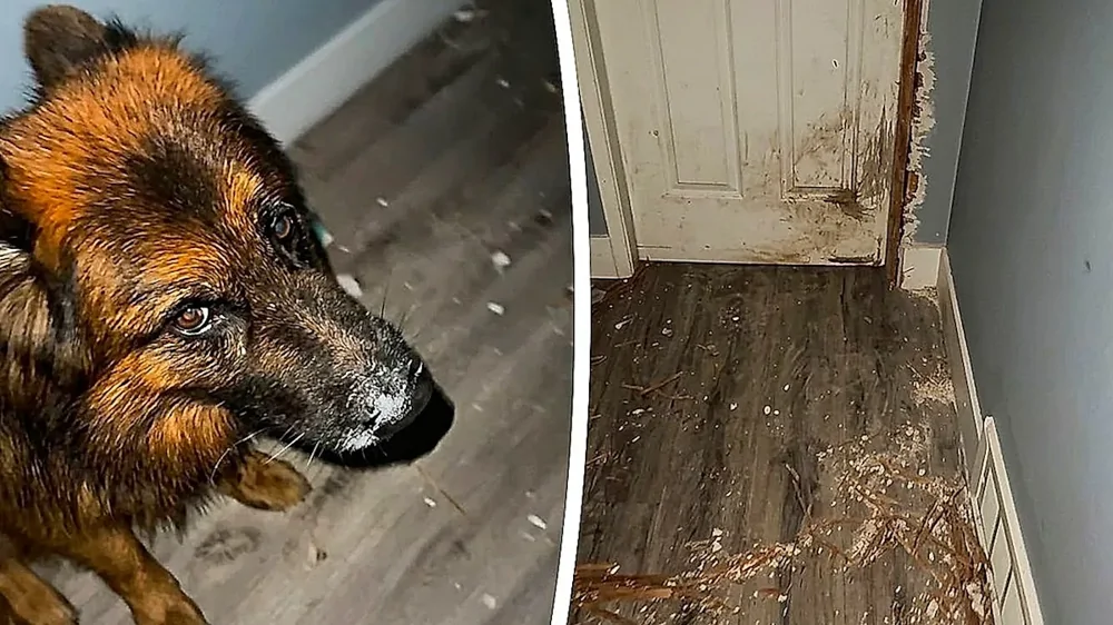 Немецкая овчарка оставила на двери и полу «боевые отметины» ради кровати