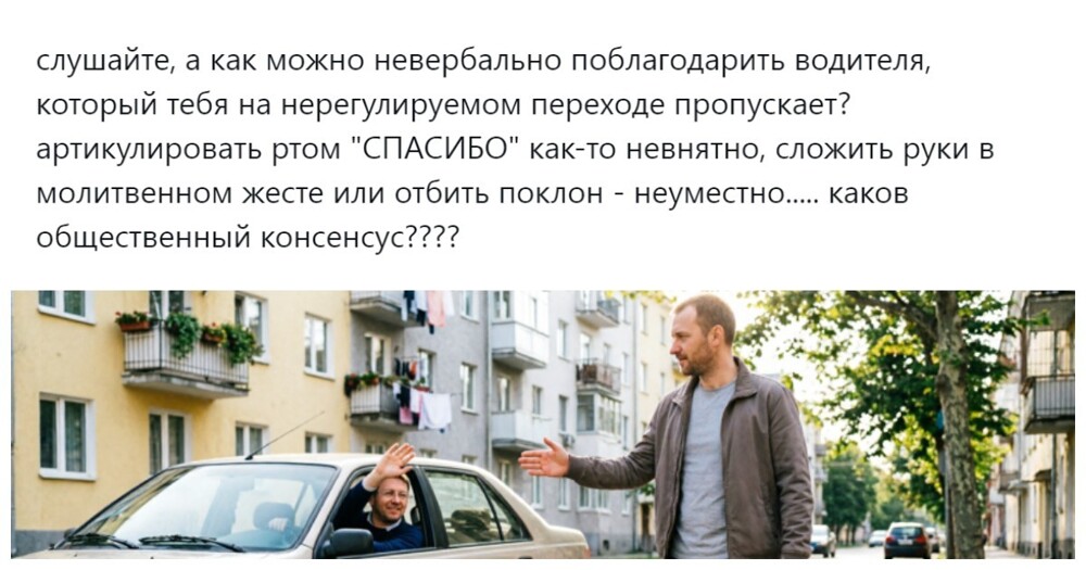 «Маши, как королева, кивай и улыбайся»: пользователи выясняют, как культурно поблагодарить водителя на зебре