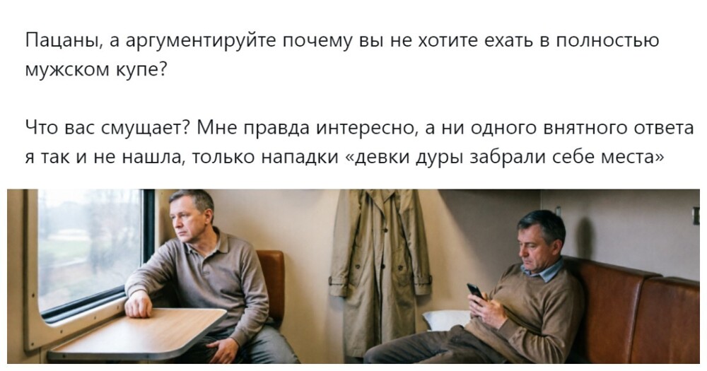 Пользователи выясняют, почему мужчины не горят желанием ездить в мужском купе