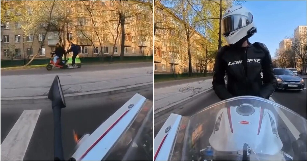 Байкерша вырубила сразу двух самокатчиков