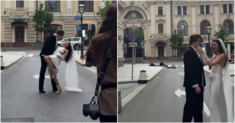 Самокатчик и его друг прервали фотосессию молодоженов