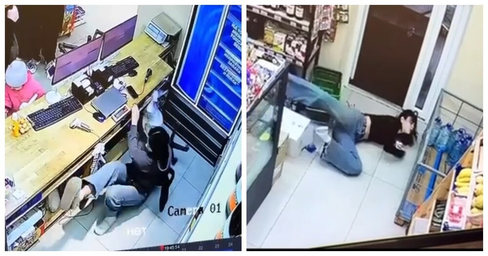 Камера магазина запечатлела целую череду курьезов с неуклюжей сотрудницей