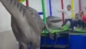 Аниматор в костюме динозавра устроил переполох на детском празднике