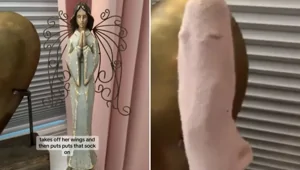 Дочка надевает носок на фигурку ангела, чем доводит маму до истерики