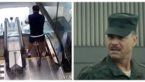 Попытка китайца спуститься на велосипеде по эскалатору