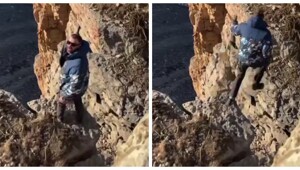 Забавная реакция девушки на падение в пропасть её парня