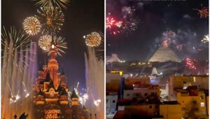 Новогодний салют над пирамидами Хеопса и над парижским Диснейлендом